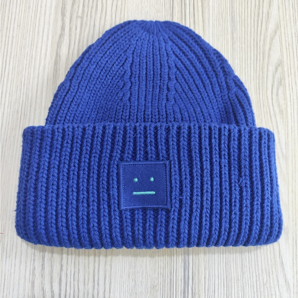 Acne Studios Face Series Blue Ribbed Knit Beanie